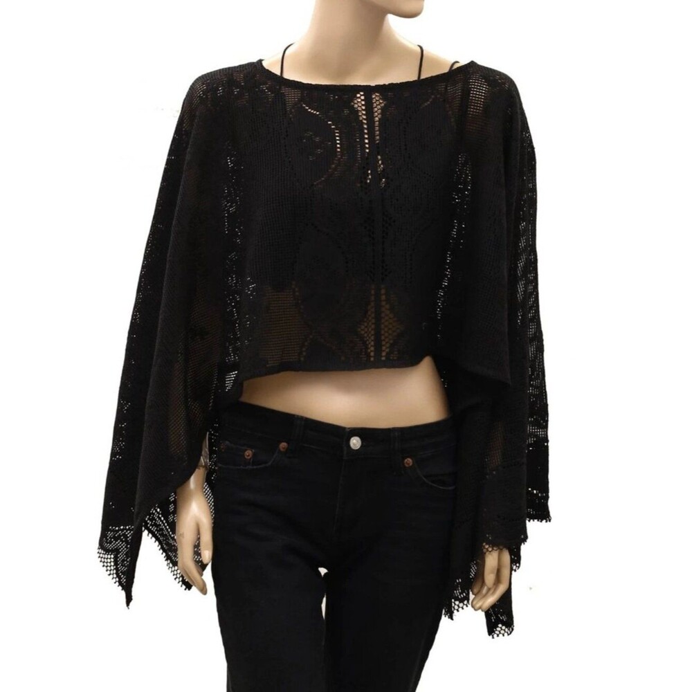 Free People Elsa Poncho Cropped Top Sheer Crochet Lace Draped Black OS 290717